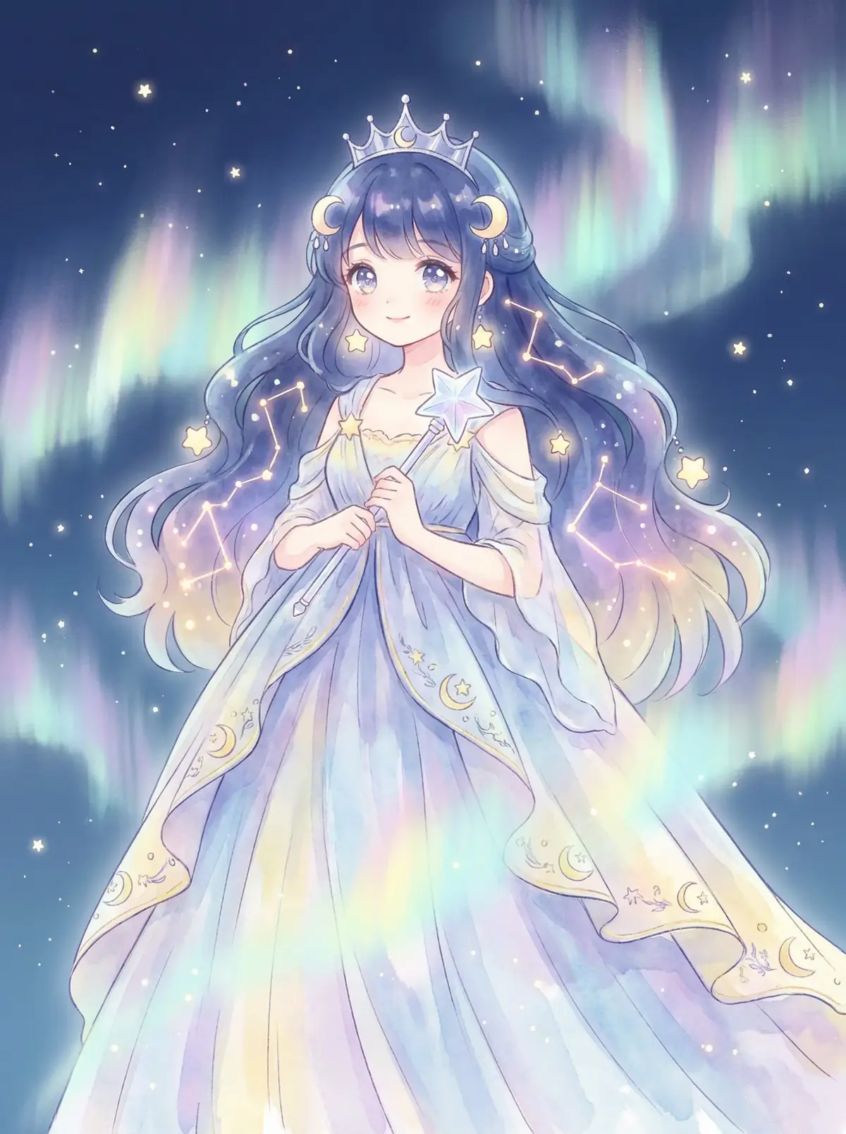西川りおん - 星辰公主希尔角色设定图，手持星光权杖
